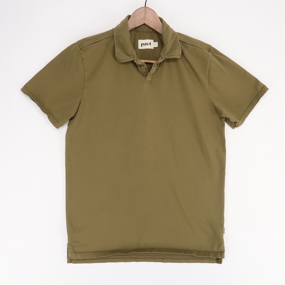 Pact Polo Shirt Mens M Olive Green Organic Cotton‎ Johnny Collar Short Sleeve